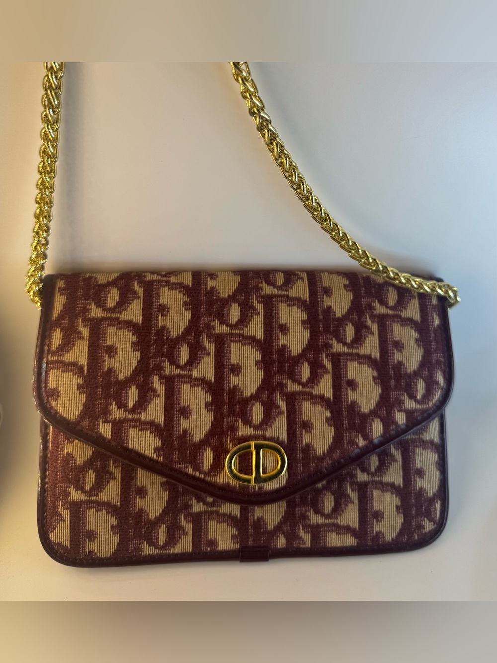Christian Dior Vintage Oblique Wallet On Chain Burgundy Bordeaux Monogram AUTH - Picture 13 of 13